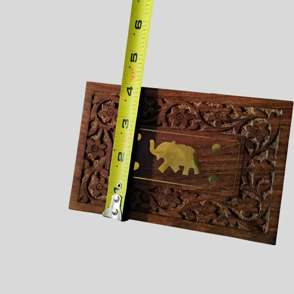Hand-Carved Wooden Jewelry Box With Brass Elephant Inlay & Red Velvet Lining